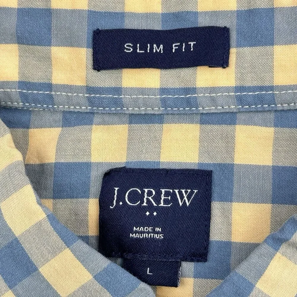 J. Crew Button Down Shirt Mens L Slim Fit Yellow Blue Check Plaid Long Sleeve